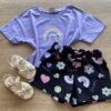 Conjunto Infantil Feminino Cropped Lilás e Short Preto Estampado Fernanda Ramos Kids