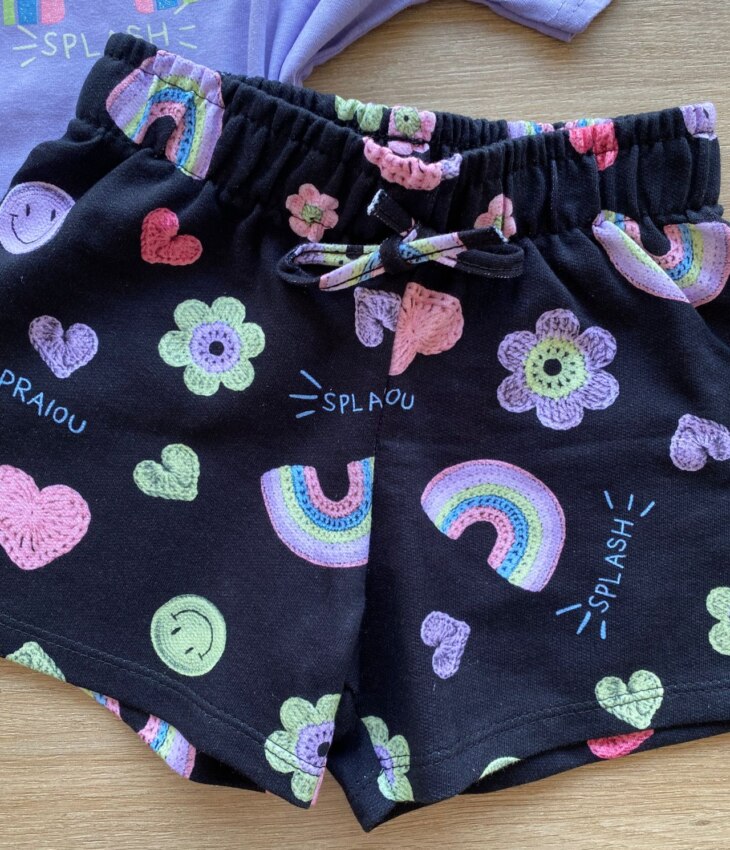 fernandaramoskids com br Conjunto Infantil Feminino Cropped Lilás e Short Preto Estampado2