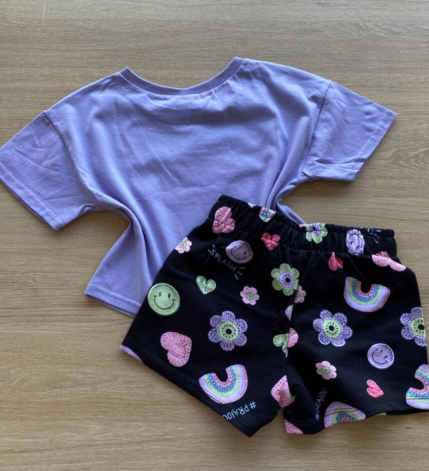 fernandaramoskids com br Conjunto Infantil Feminino Cropped Lilás e Short Preto Estampado3