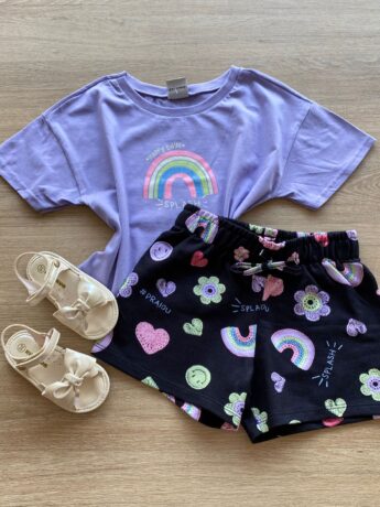 Conjunto Infantil Feminino Cropped Lilás e Short Preto Estampado Fernanda Ramos Kids