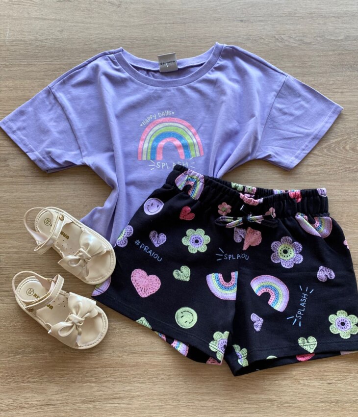 Conjunto Infantil Feminino Cropped Lilás e Short Preto Estampado Fernanda Ramos Kids