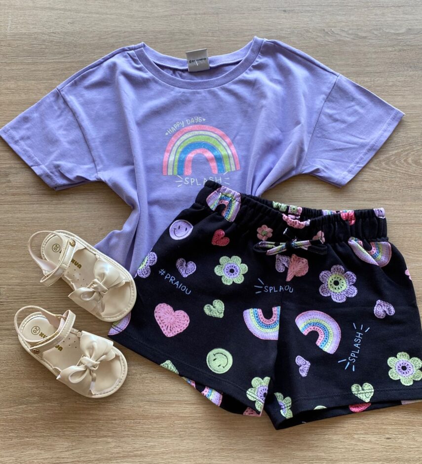 Conjunto Infantil Feminino Cropped Lilás e Short Preto Estampado Fernanda Ramos Kids