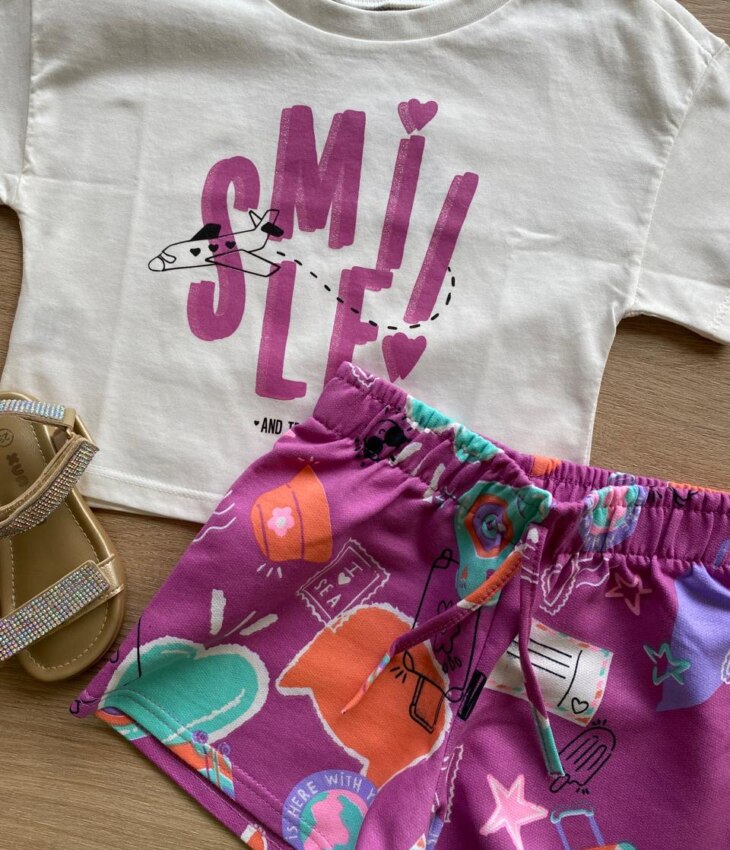 fernandaramoskids com br Conjunto Infantil Feminino Cropped Smile e Short Lilás Estampado1