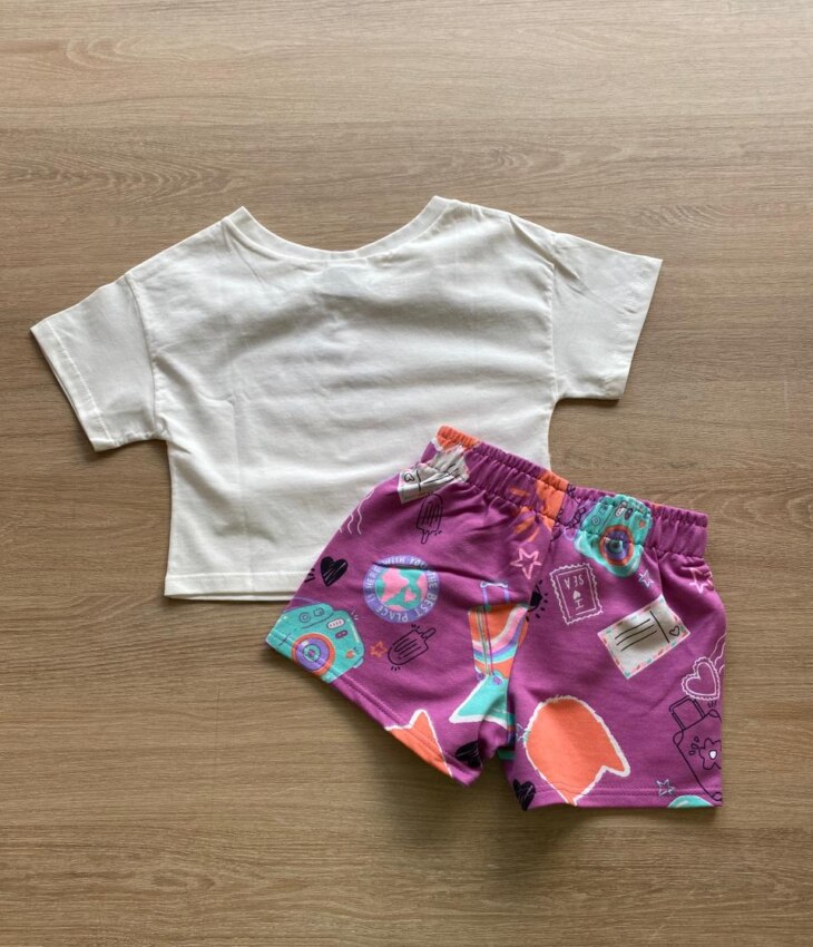 fernandaramoskids com br Conjunto Infantil Feminino Cropped Smile e Short Lilás Estampado2