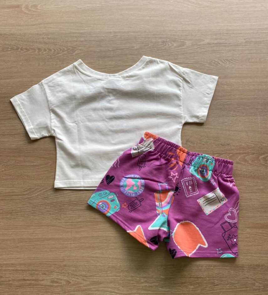 fernandaramoskids com br Conjunto Infantil Feminino Cropped Smile e Short Lilás Estampado2