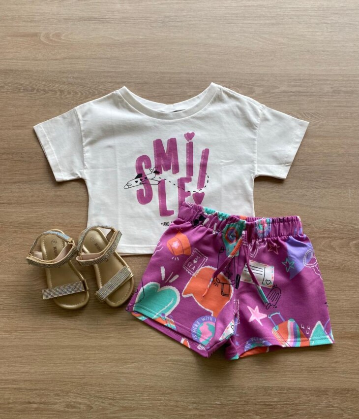 Conjunto Infantil Feminino Cropped Smile e Short Lilás Estampado Fernanda Ramos Kids