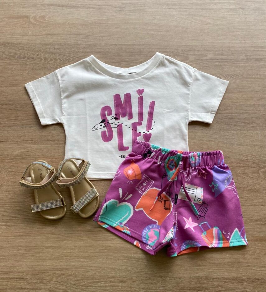 Conjunto Infantil Feminino Cropped Smile e Short Lilás Estampado Fernanda Ramos Kids