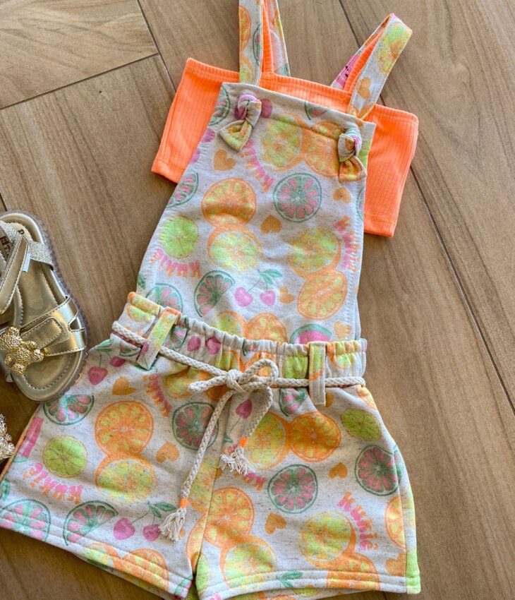 fernandaramoskids com br Conjunto Infantil Feminino Jardineira Frutinhas e Top Laranja Neon1