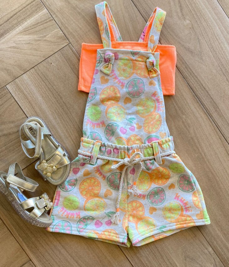 Conjunto Infantil Feminino Jardineira Frutinhas e Top Laranja Neon Fernanda Ramos Kids