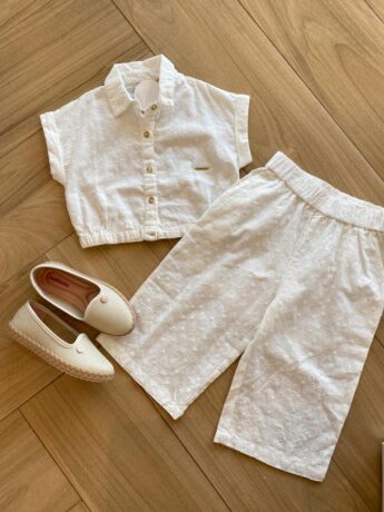 Conjunto Infantil Feminino Laise Cropped e Calça Pantacourt Off White Fernanda Ramos Kids