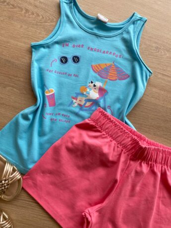 fernandaramoskids com br Conjunto Infantil Feminino Regata Azul Estampada e Short Rosa1