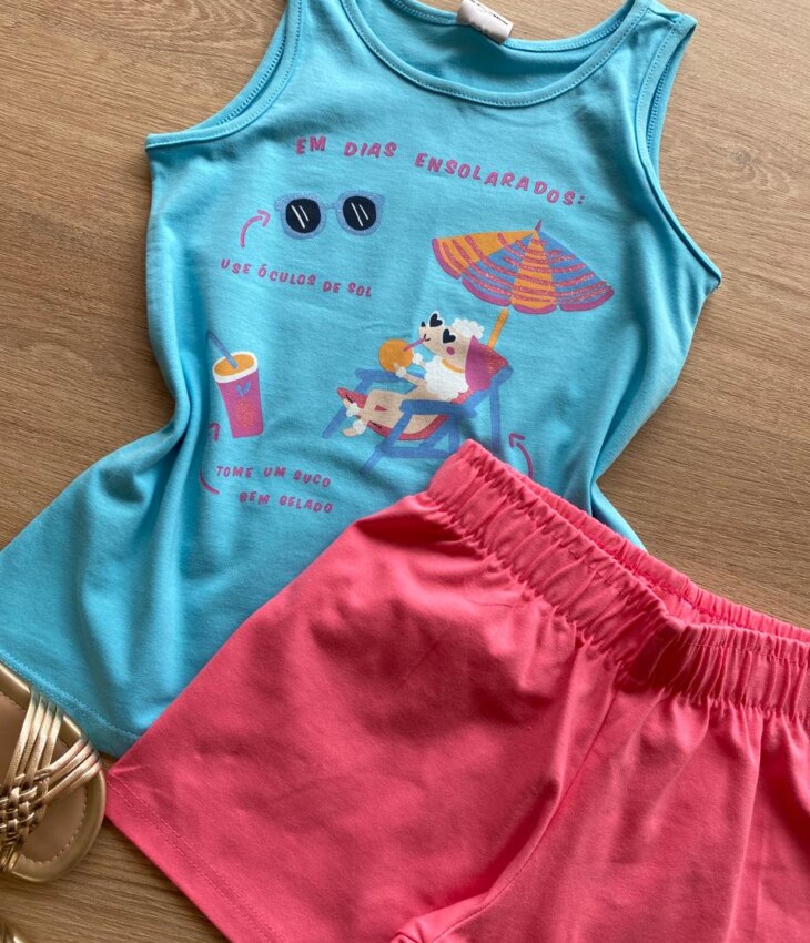 fernandaramoskids com br Conjunto Infantil Feminino Regata Azul Estampada e Short Rosa1