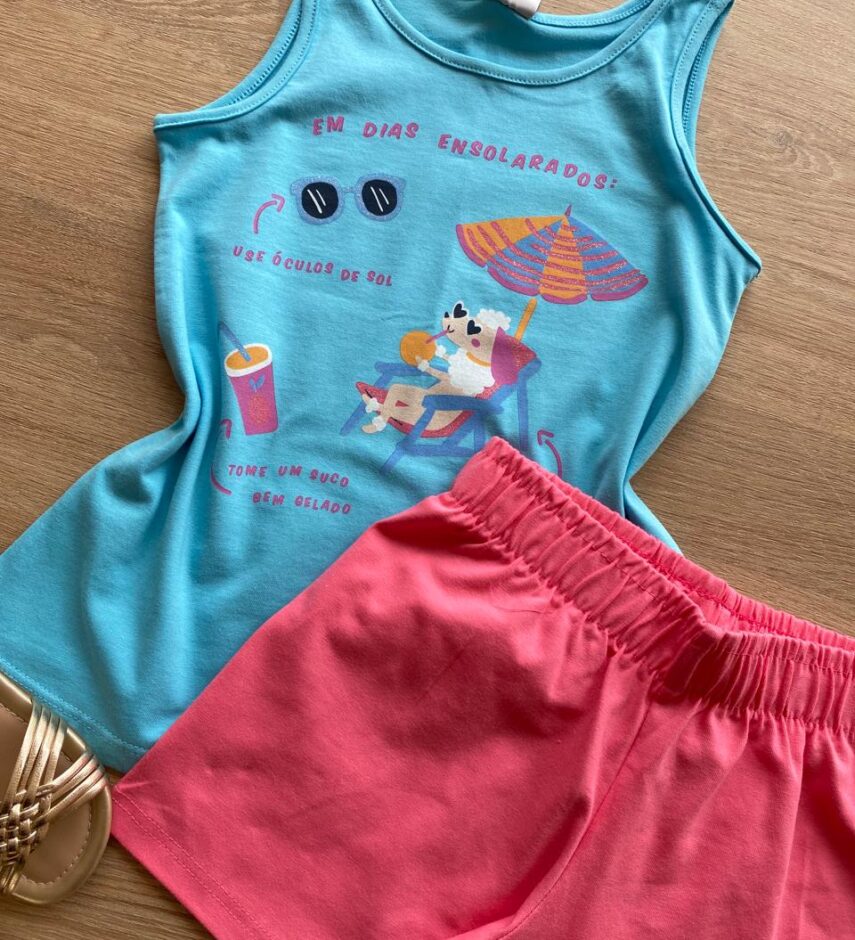 fernandaramoskids com br Conjunto Infantil Feminino Regata Azul Estampada e Short Rosa1