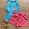 Conjunto Infantil Feminino Regata Azul Estampada e Short Rosa Fernanda Ramos Kids