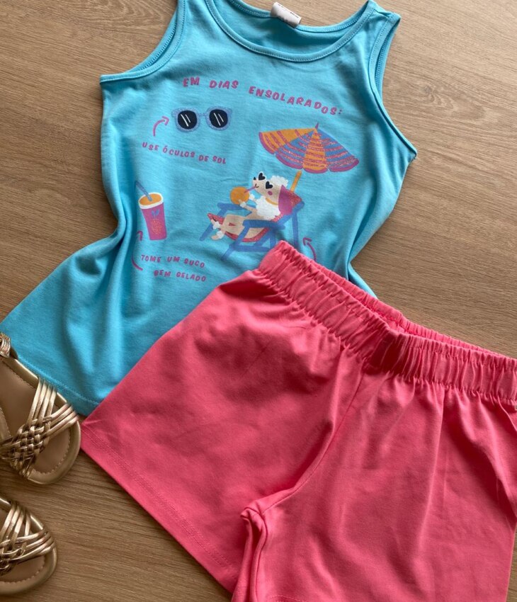 fernandaramoskids com br Conjunto Infantil Feminino Regata Azul Estampada e Short Rosa2
