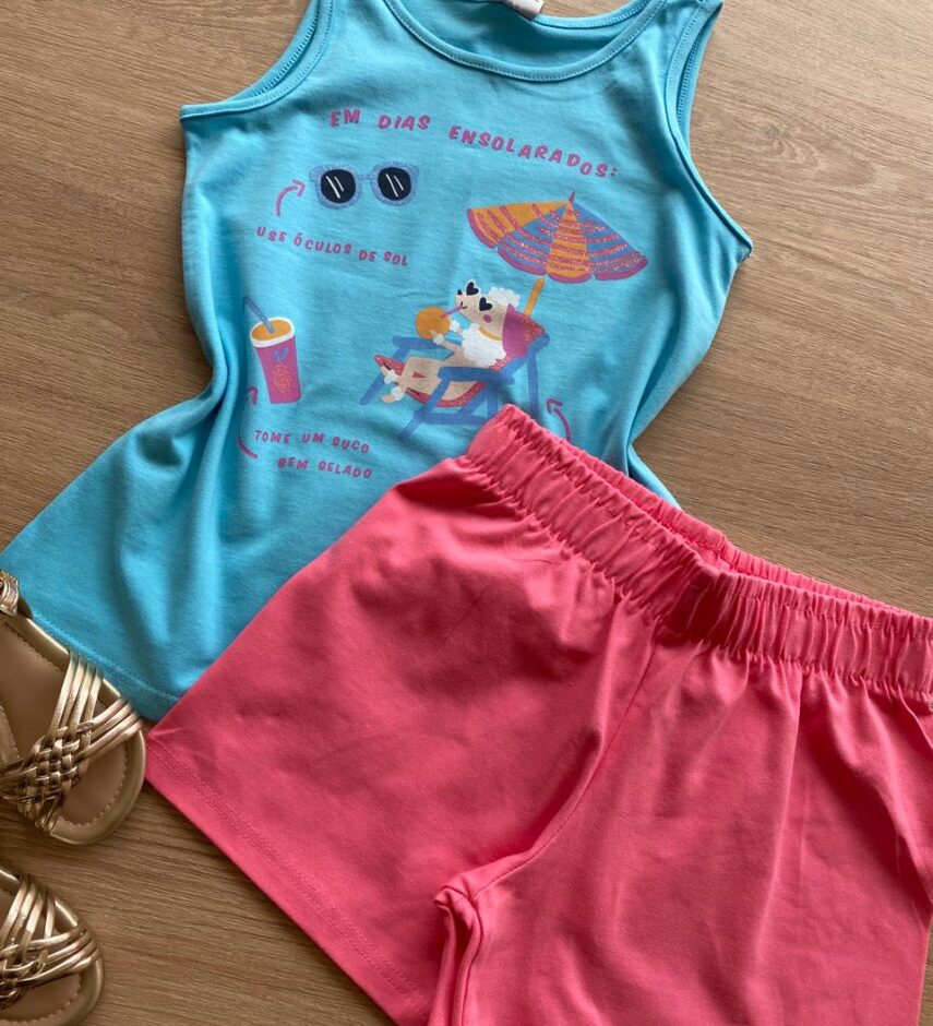 fernandaramoskids com br Conjunto Infantil Feminino Regata Azul Estampada e Short Rosa2