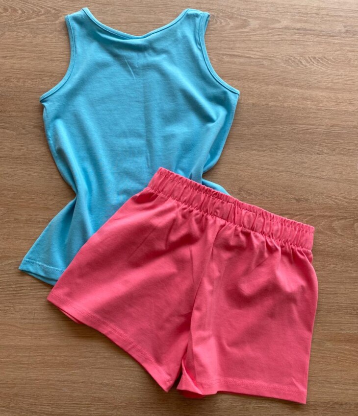 fernandaramoskids com br Conjunto Infantil Feminino Regata Azul Estampada e Short Rosa3