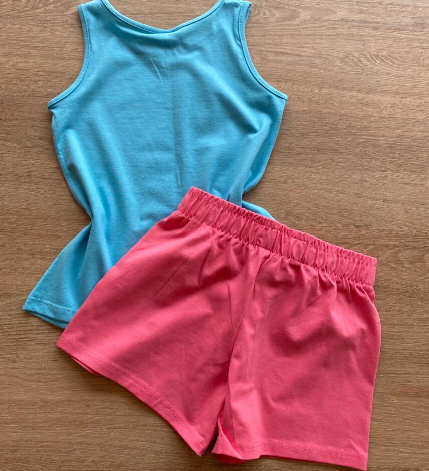 fernandaramoskids com br Conjunto Infantil Feminino Regata Azul Estampada e Short Rosa3