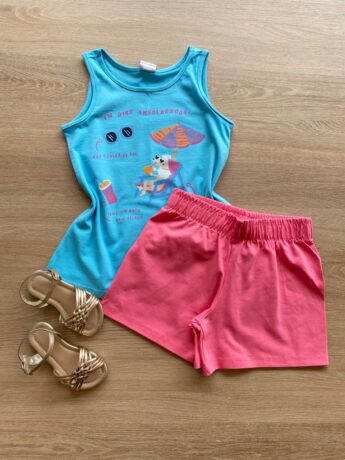 Conjunto Infantil Feminino Regata Azul Estampada e Short Rosa Fernanda Ramos Kids