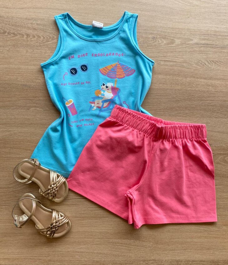 Conjunto Infantil Feminino Regata Azul Estampada e Short Rosa Fernanda Ramos Kids