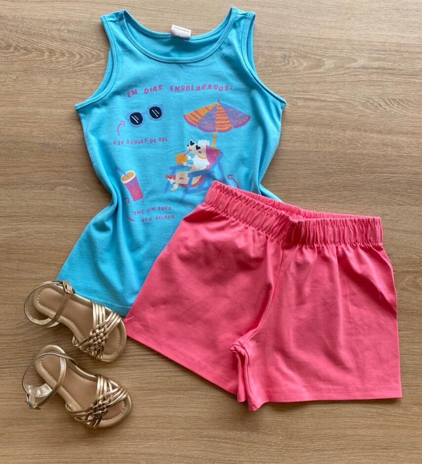 Conjunto Infantil Feminino Regata Azul Estampada e Short Rosa Fernanda Ramos Kids