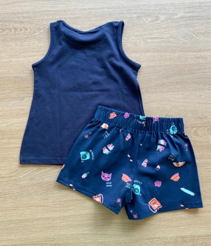 fernandaramoskids com br Conjunto Infantil Feminino Regata e Short Estampado Azul Marinho3