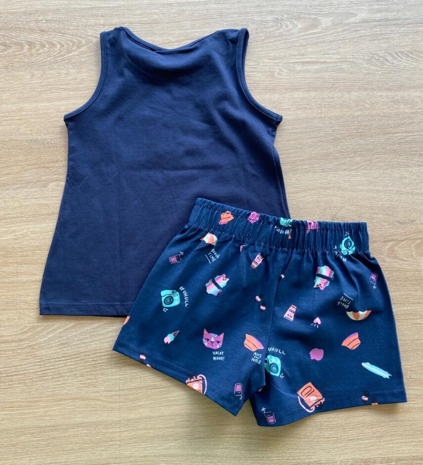 fernandaramoskids com br Conjunto Infantil Feminino Regata e Short Estampado Azul Marinho3