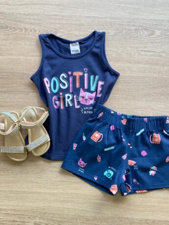 Conjunto Infantil Feminino Regata e Short Estampado Azul Marinho Fernanda Ramos Kids