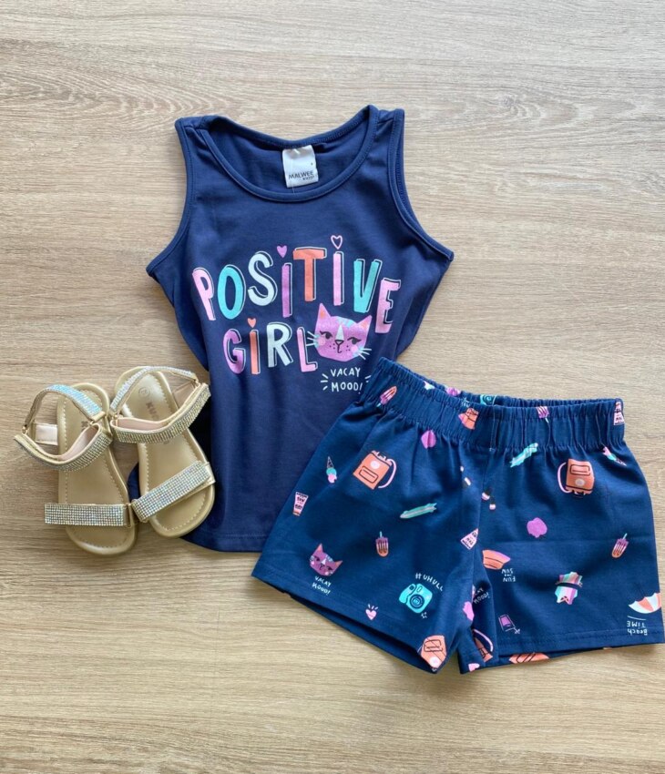 Conjunto Infantil Feminino Regata e Short Estampado Azul Marinho Fernanda Ramos Kids