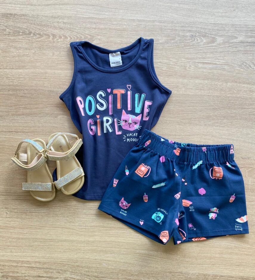 Conjunto Infantil Feminino Regata e Short Estampado Azul Marinho Fernanda Ramos Kids