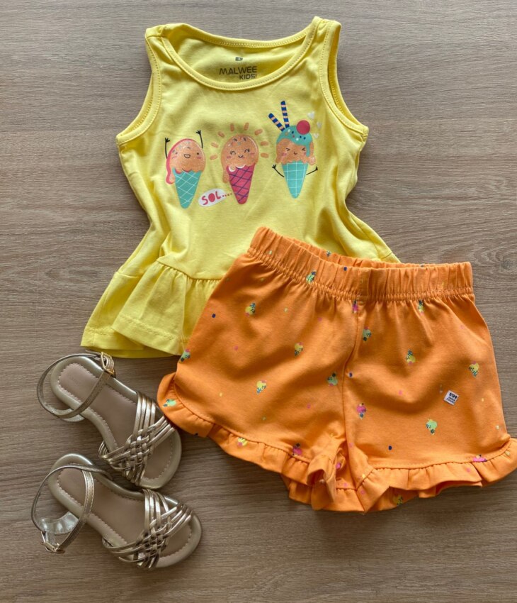 Conjunto Infantil Feminino Regata e Short Laranja Sorvetinho Fernanda Ramos Kids