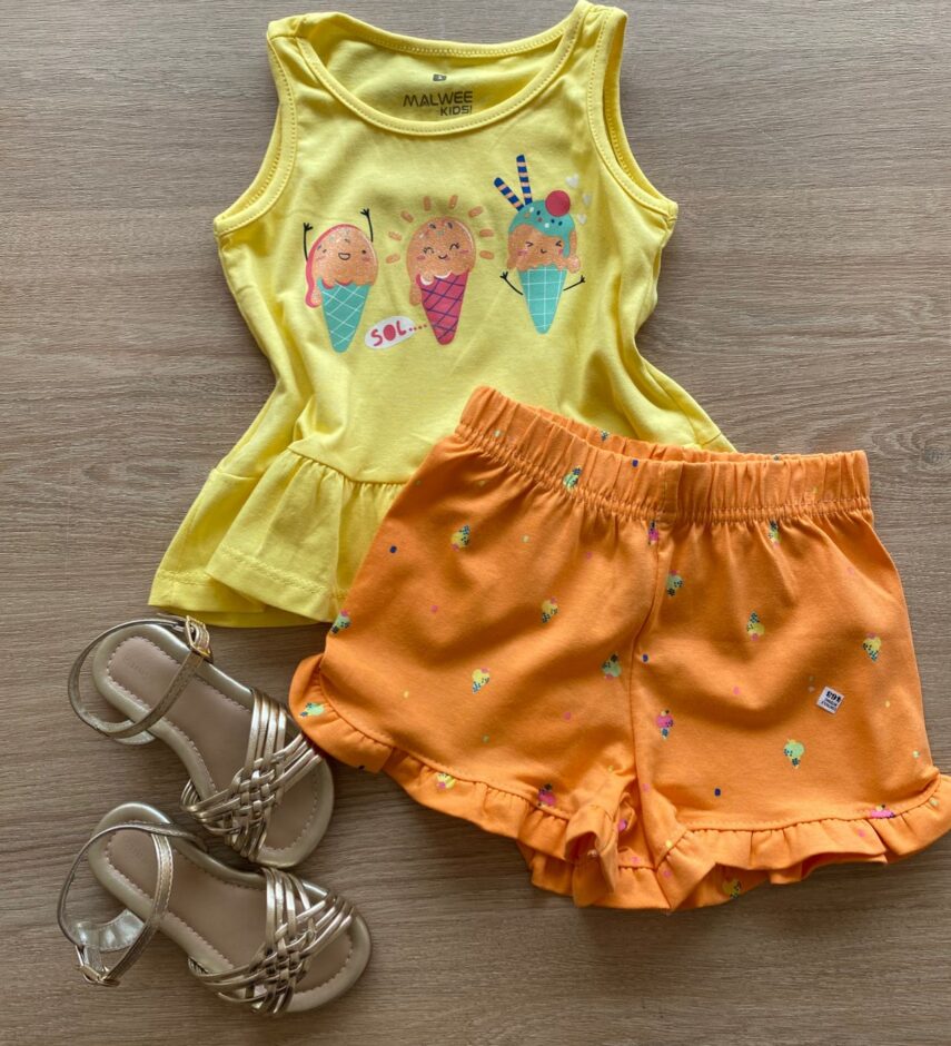 Conjunto Infantil Feminino Regata e Short Laranja Sorvetinho Fernanda Ramos Kids