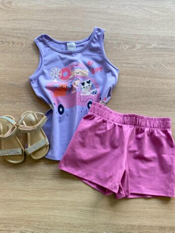 Conjunto Infantil Feminino Regata Estampada e Short Lilás Fernanda Ramos Kids