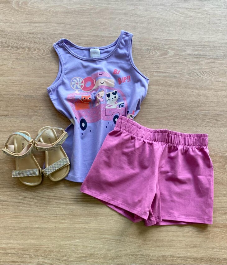 Conjunto Infantil Feminino Regata Estampada e Short Lilás Fernanda Ramos Kids