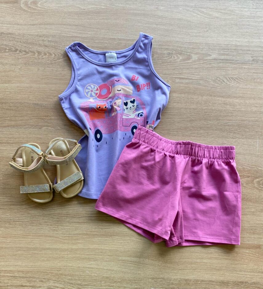 Conjunto Infantil Feminino Regata Estampada e Short Lilás Fernanda Ramos Kids
