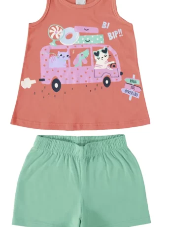 Conjunto Infantil Feminino Regata Laranja Bi Bip e Short Verde Água Fernanda Ramos Kids