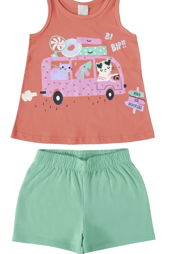 Conjunto Infantil Feminino Regata Laranja Bi Bip e Short Verde Água Fernanda Ramos Kids