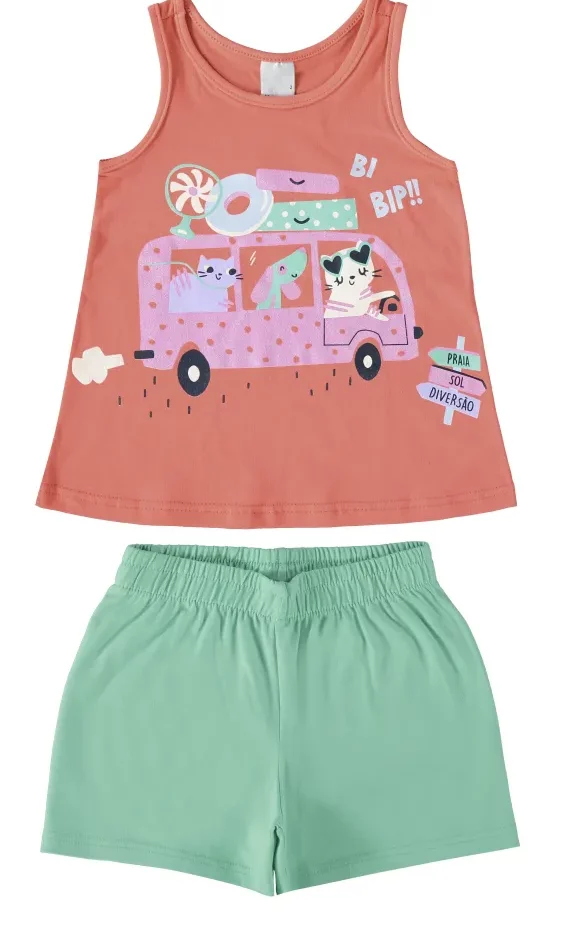 Conjunto Infantil Feminino Regata Laranja Bi Bip e Short Verde Água Fernanda Ramos Kids