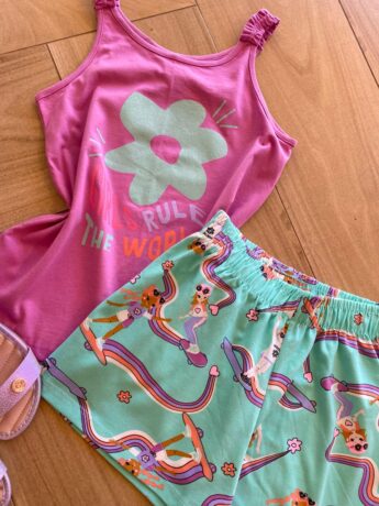 fernandaramoskids com br Conjunto Infantil Feminino Regata Lilás e Short Verde Água Estampado1