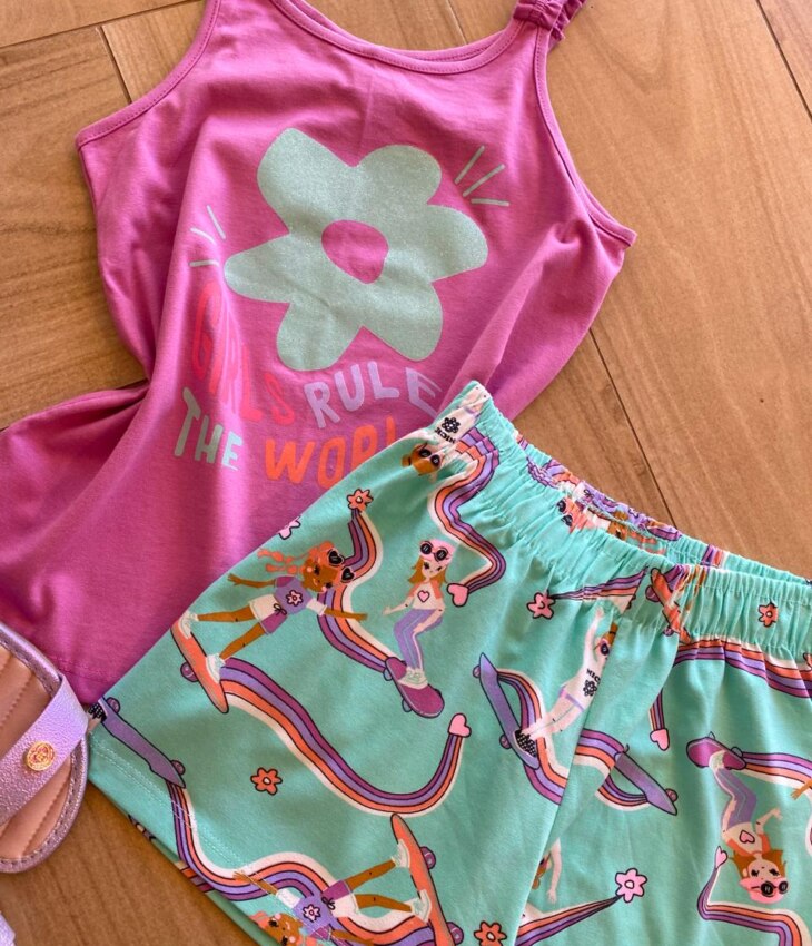 fernandaramoskids com br Conjunto Infantil Feminino Regata Lilás e Short Verde Água Estampado1