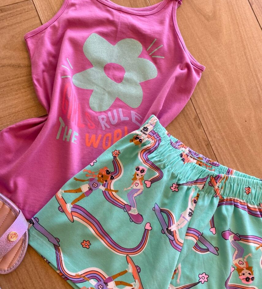 fernandaramoskids com br Conjunto Infantil Feminino Regata Lilás e Short Verde Água Estampado1