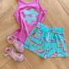 Conjunto Infantil Feminino Regata Lilás e Short Verde Água Estampado Fernanda Ramos Kids