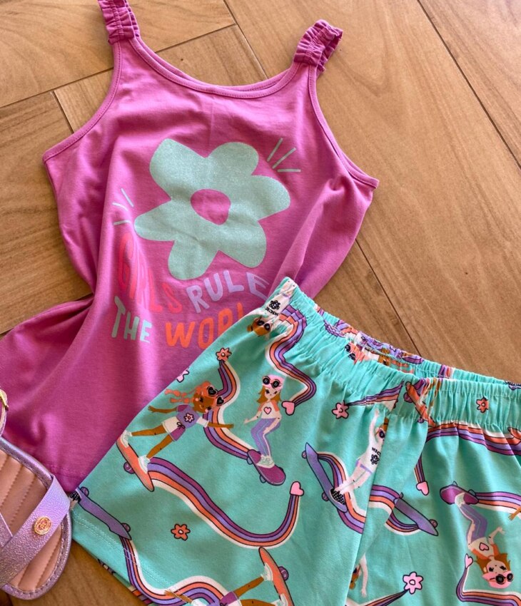 fernandaramoskids com br Conjunto Infantil Feminino Regata Lilás e Short Verde Água Estampado2