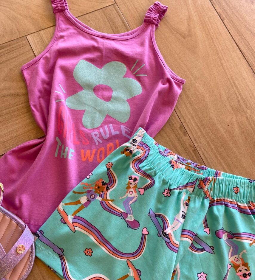 fernandaramoskids com br Conjunto Infantil Feminino Regata Lilás e Short Verde Água Estampado2