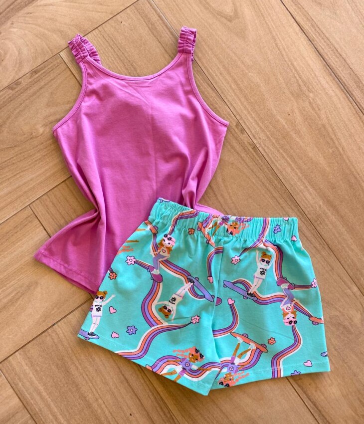 fernandaramoskids com br Conjunto Infantil Feminino Regata Lilás e Short Verde Água Estampado3