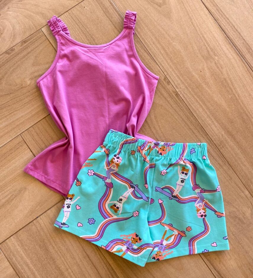 fernandaramoskids com br Conjunto Infantil Feminino Regata Lilás e Short Verde Água Estampado3