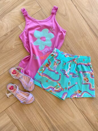 Conjunto Infantil Feminino Regata Lilás e Short Verde Água Estampado Fernanda Ramos Kids