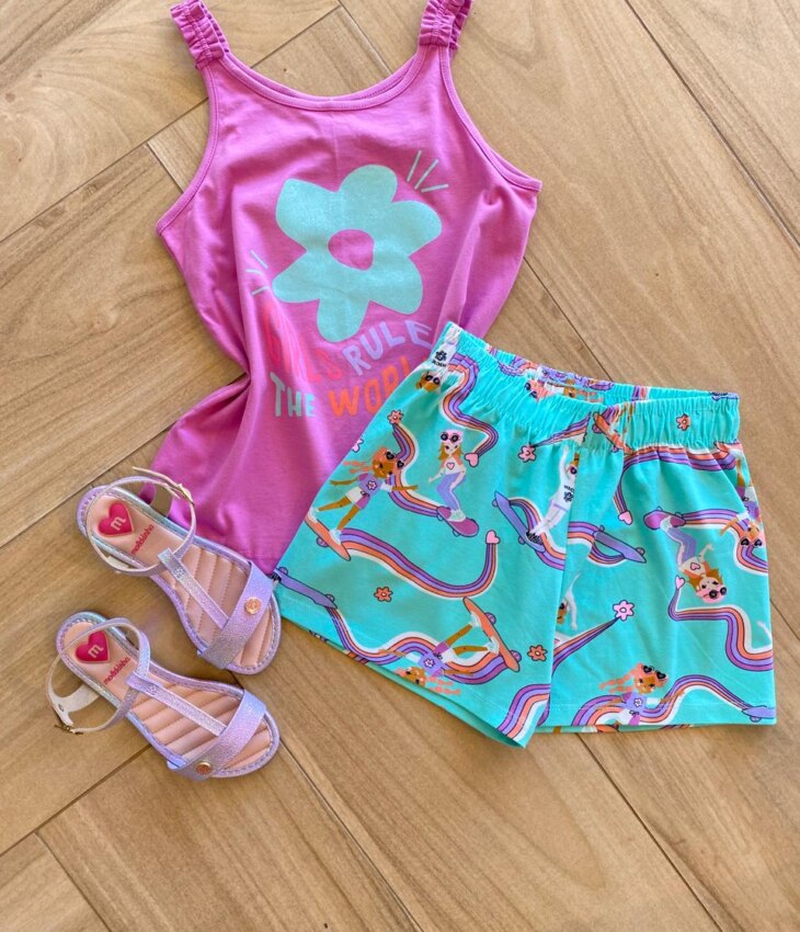 Conjunto Infantil Feminino Regata Lilás e Short Verde Água Estampado Fernanda Ramos Kids