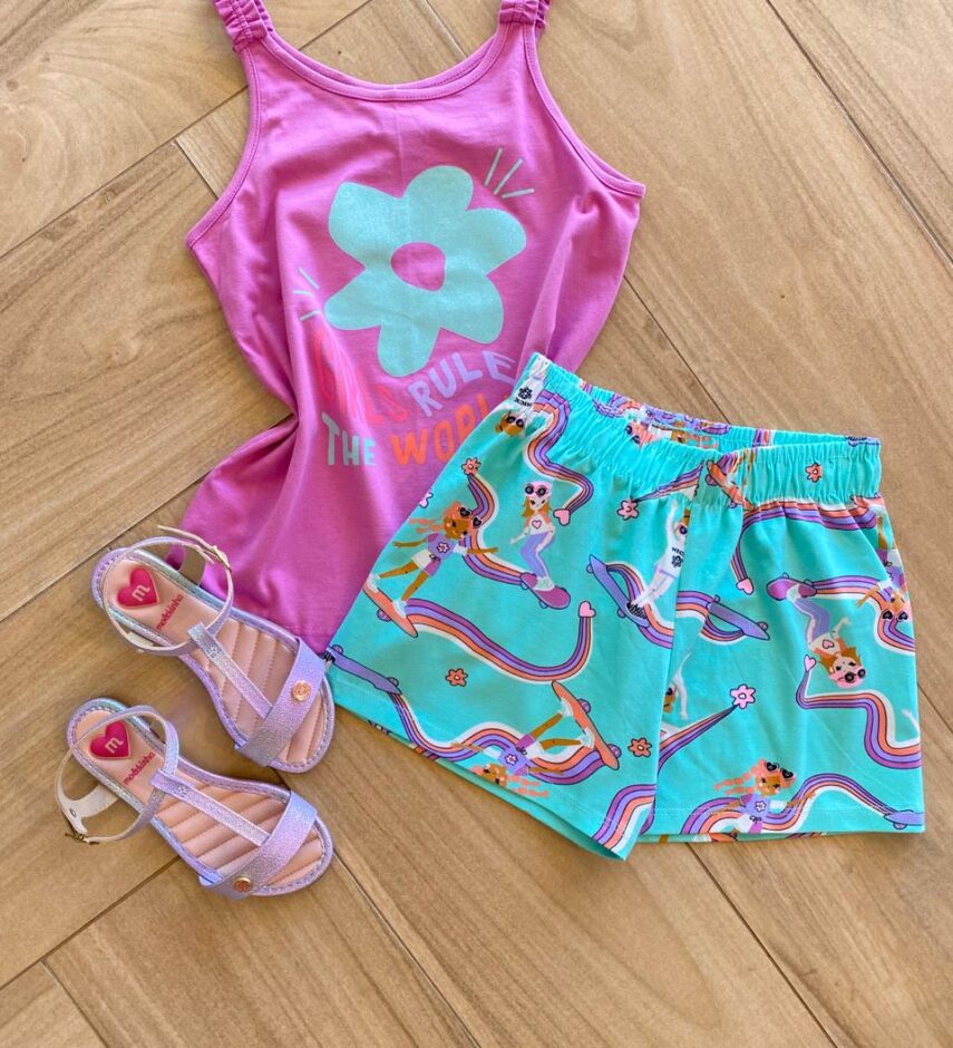 Conjunto Infantil Feminino Regata Lilás e Short Verde Água Estampado Fernanda Ramos Kids
