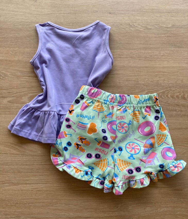 fernandaramoskids com br Conjunto Infantil Feminino Regata Lilás e Short Verde Estampado3